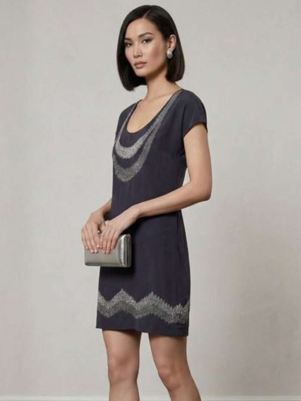 Club Monaco Navy Cupro Art Deco Style Dress with Metallic Trim Size XS